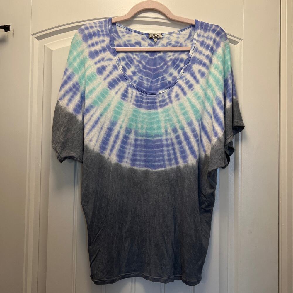 Froxx Women’s Scoop Neck‎ Short Sleeve Tie Dye Pullover Top Size L Gray Blue